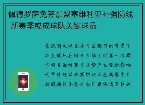 佩德罗萨免签加盟塞维利亚补强防线 新赛季或成球队关键球员 佩德罗萨免签加盟塞维利亚补强防线 新赛季或成球队关键球员
